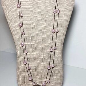 Double Strand Pink Pearls Black Chain Station Necklace